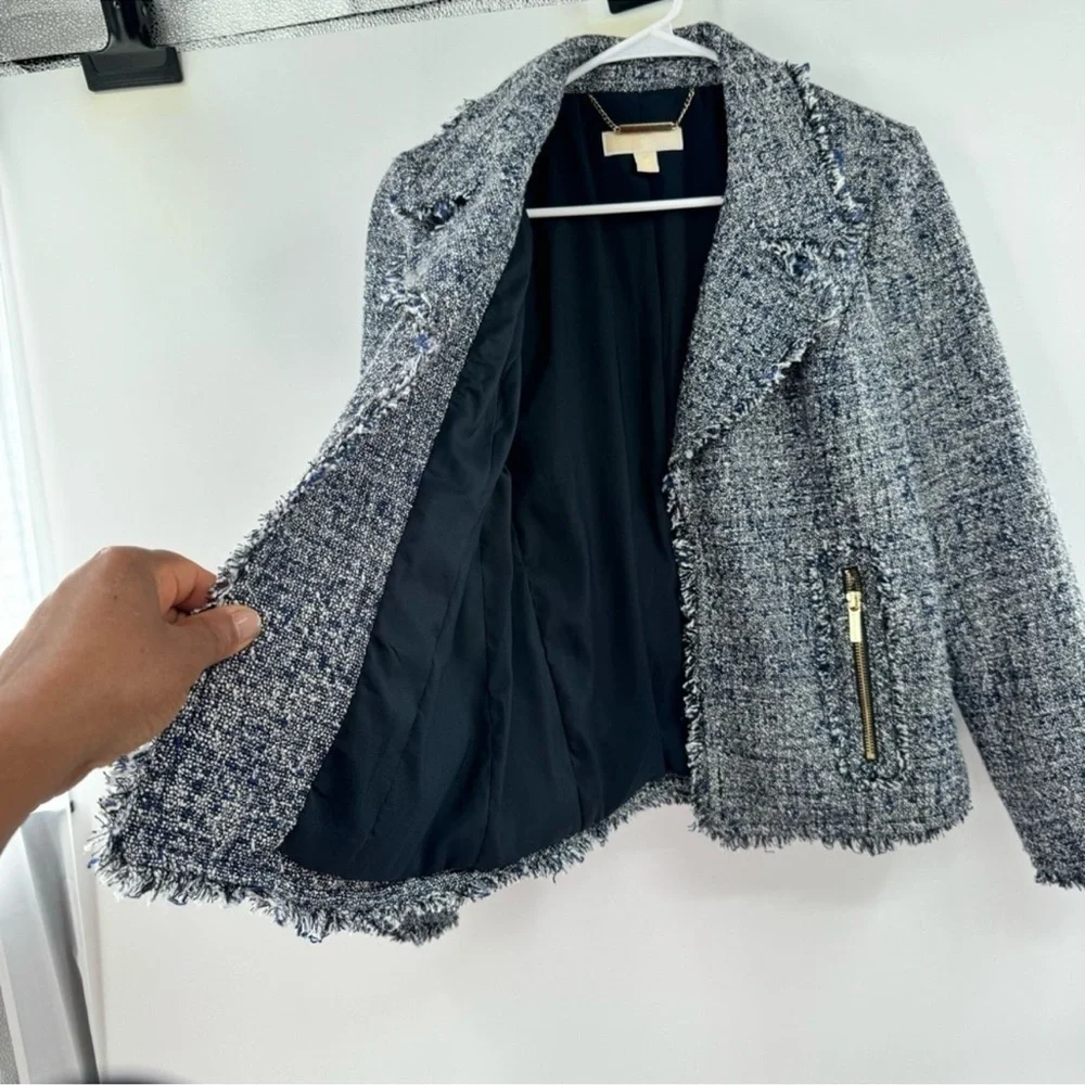 MICHAEL KORS Open-Front Frayed Trim Tweed Jacket grey size 12P suit separate